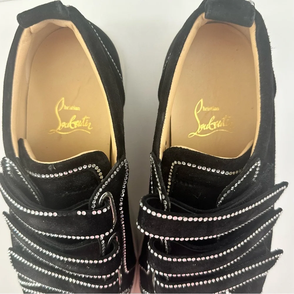 EUC! Christian Louboutin Black Suede Kiddo Bordo Crystal Velcro Sneakers 37 7 - Picture 10 of 15